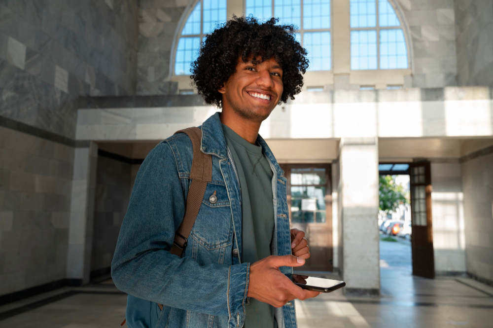 Aluno com jaqueta jeans e mochila nas costas segura o celular no corredor da faculdade. 