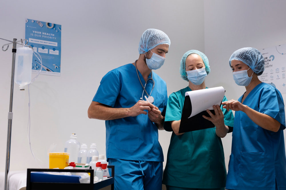 Grupo de enfermeiros com máscara e touca em hospital analisando exames em uma prancha.